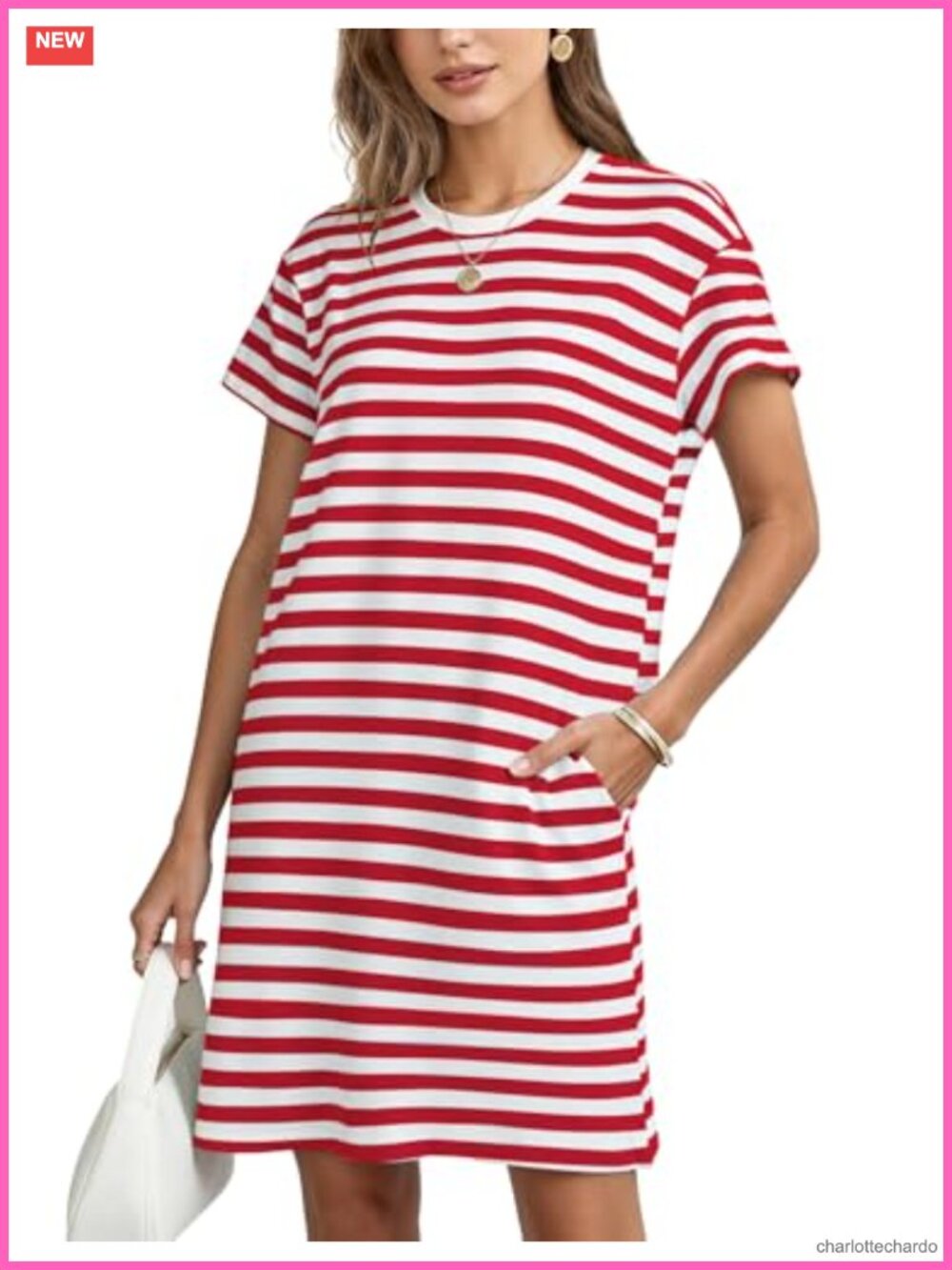 Women's Cotton Striped Shift Mini Dress Loose Fit Short Sleeve Crewneck